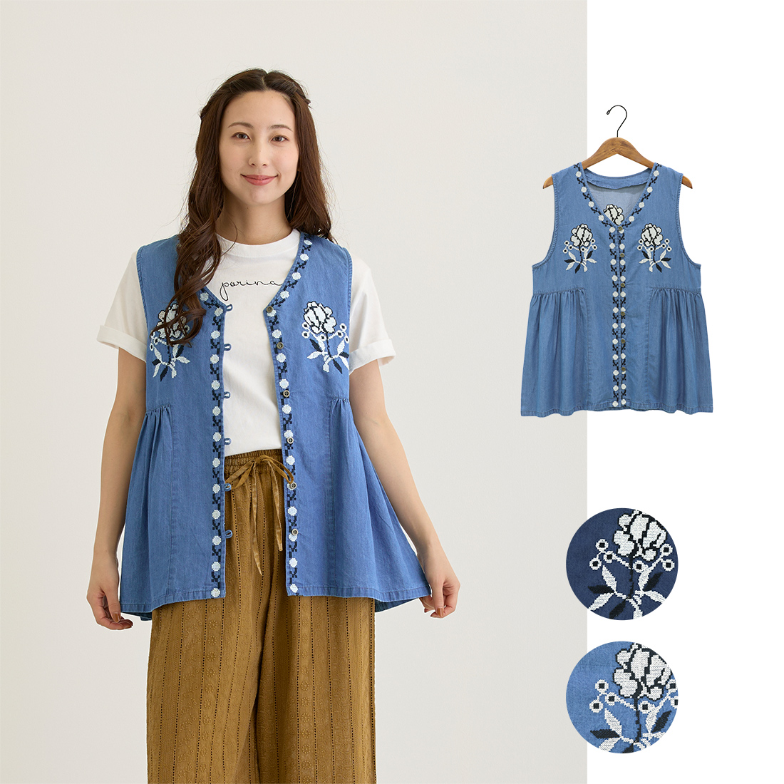 【Shanti Shanti】ベスト デニムエンブ[トップスジーンズ刺繍カジュアル重ね着アジアンナチュラル春夏26SS]
