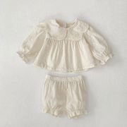 [66-90cm] ベビー セットアップ 長袖 おしゃれジャガード パフスリーブトップス＋ショートパンツ 2点セット