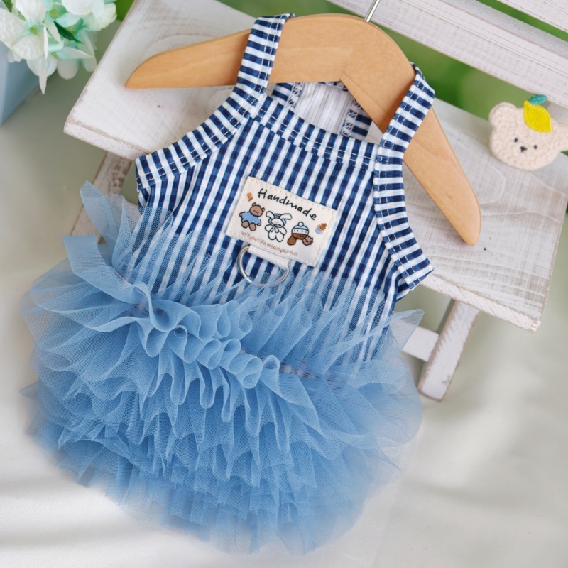 ペット服、春夏新作、ストライプメッシュ裾サマードレス、犬服、猫服、ペット用品