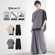 【春の新作】セットアップ 梨地アシンメトリーバイカラーTシャツ+袴パンツ 2点セット/MinoriTY