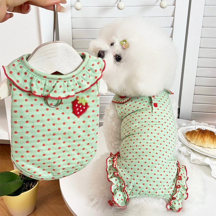小型犬用 新作 春服 襟付き 冷え対策 お腹保護 四脚ロンパース 2色