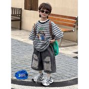 2026夏新作 男の子綿100%ボーダー柄カートゥーンプリント半袖Tシャツ