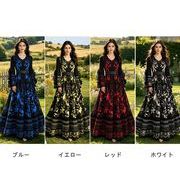 秋新作 レディース プリント ロングワンピース Vネックフリル袖 ウエストマーク  体型カバーエレガント