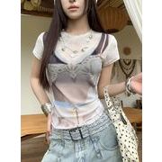 プリント シアーメッシュ半袖Tシャツ レディース