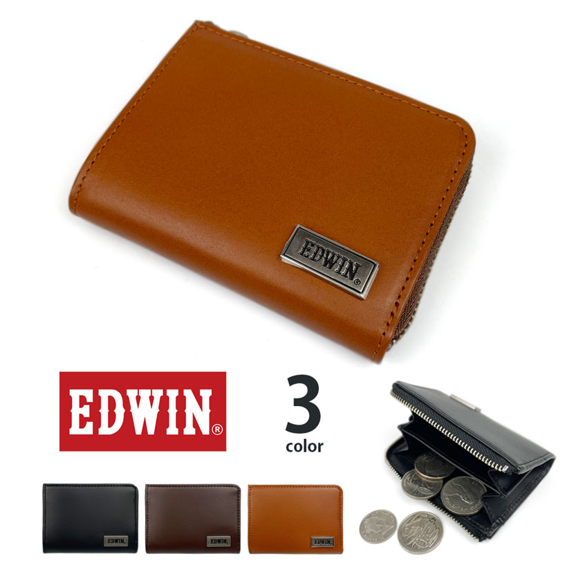 【全3色】 EDWIN エドウイン リサイクルレザー ロゴプレートラウンドファスナー小銭入れ