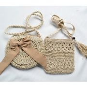 バッグ　かごバッグ　透かし編み　夏　ビーチ　ハンドバッグ　リボン　韓国ファッション