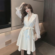 華やかな印象に！韓国ファッション 秋 新品 気質 大きい裾 ワンピース Ｖネック 上品映え デザインセンス