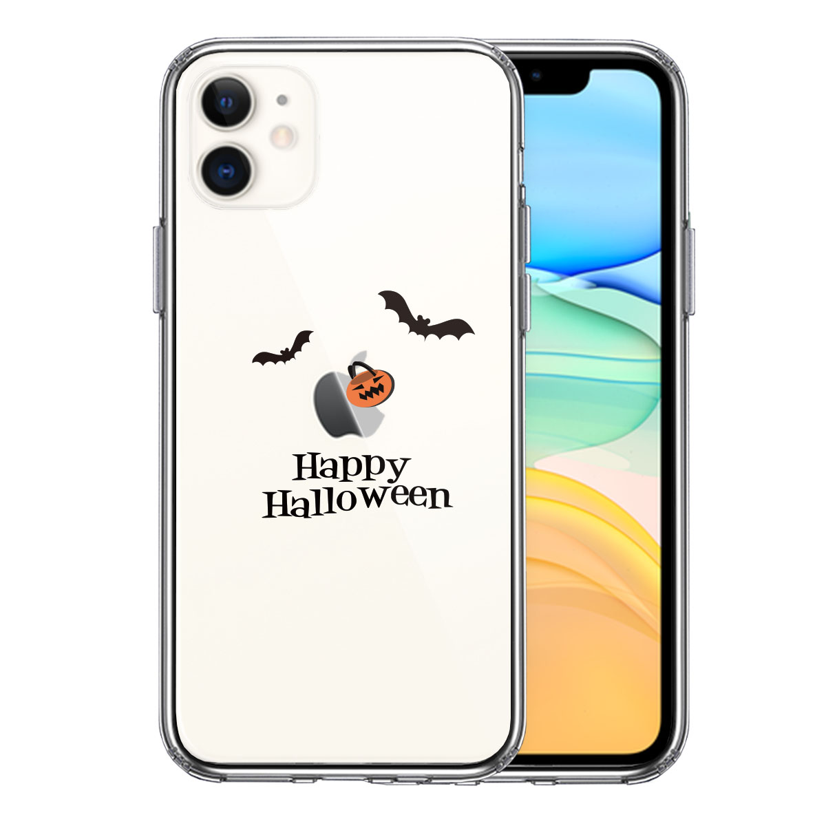 iPhone11 側面ソフト 背面ハード ハイブリッド クリア ケース カバー ハロウィン Hapyy halloween コウモリ