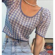 エレガント スリム スクエアネック 短いスタイル 千鳥格子 百掛け トップス 女性 夏 半袖 Tシャツ