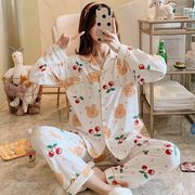 韓国版パジャマ女性長袖カーディガンシンプルでかわいい家庭服さくらんぼ春パジャマセット