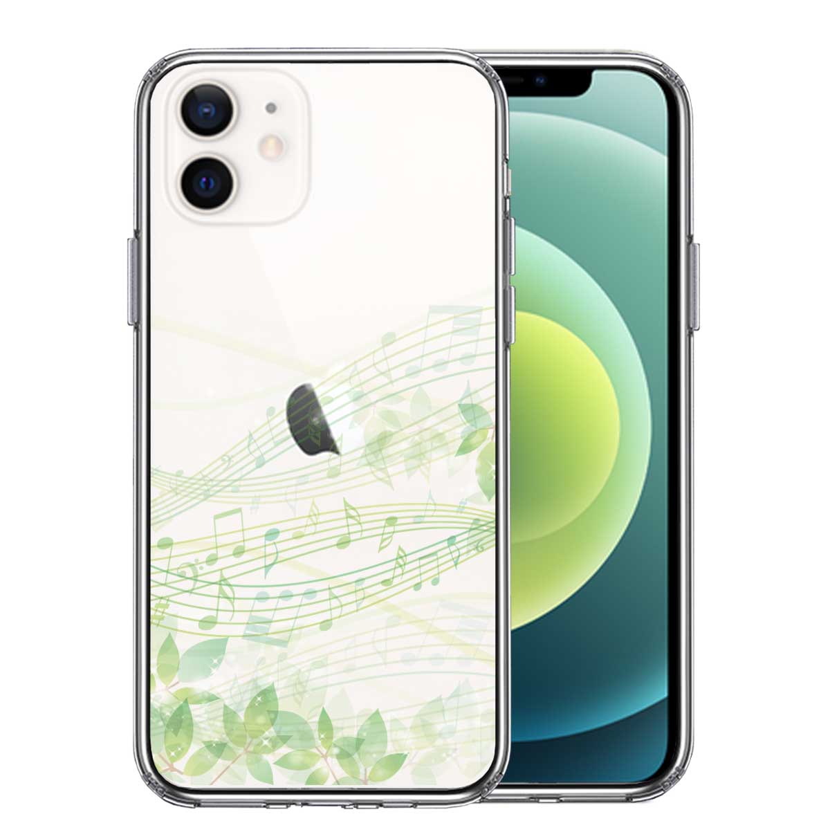 iPhone12mini 側面ソフト 背面ハード ハイブリッド クリア ケース 癒しの森 音符 デザイン