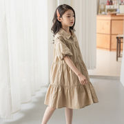 「120-165号」女の子 パフスリーブワンピース 半袖 ステンカラー ドレス キッズ 子供服