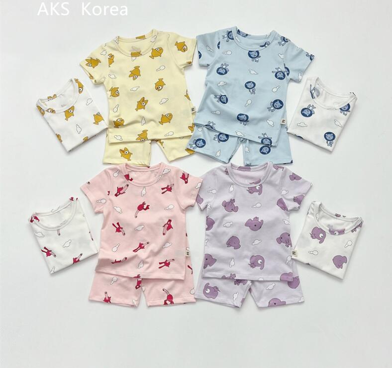 韓版 子供 スーツ 2022夏 男女 赤ちゃん 薄綿 可愛い 半袖Tシャツ部屋着 パジャマスーツ