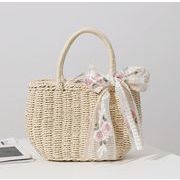 韓国レディースバッグ 手編み シンプル 手提げ鞄 ショルダーバッグ 麦わらバッグ リボン