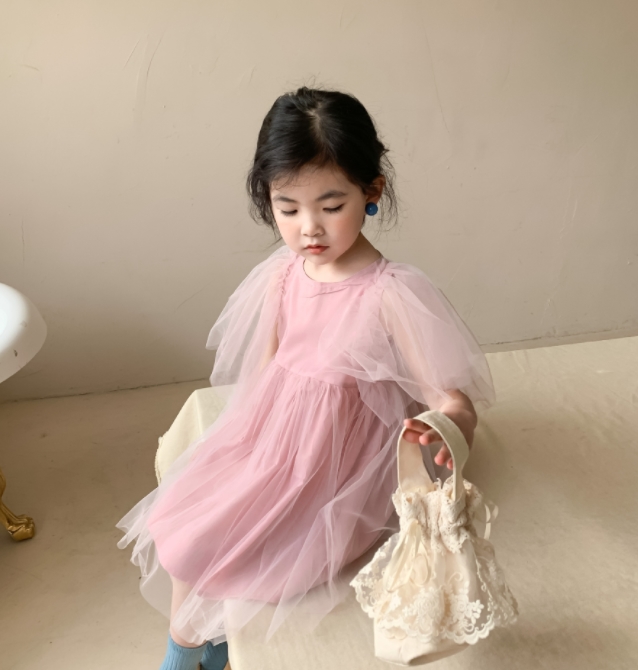 2022春夏新作 韓国子供服  ワンピース 半袖  かわいい  ガーゼ  レース  プリンセススカート ファッション