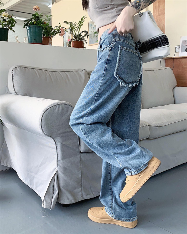 韓国ファッション スリム ストレートパンツ ウォッシュド ポケット デニム ロングパンツ レディース