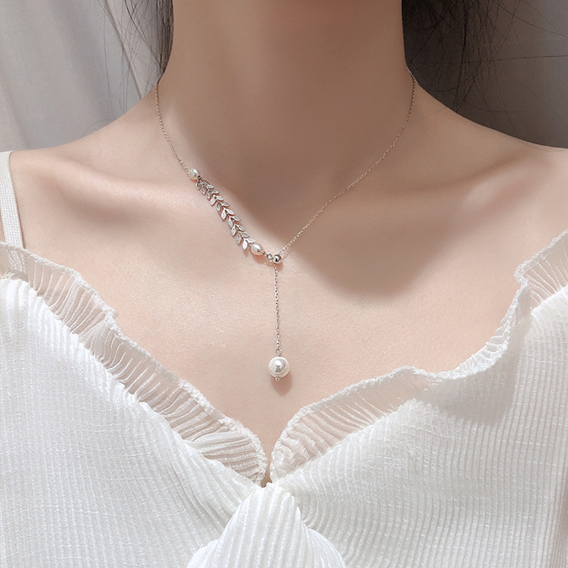 s925スターリングシルバー小麦耳人工真珠ネックレス、女性の韓国の襟骨チェーン