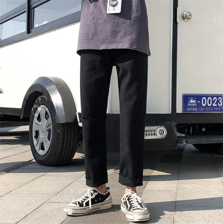 人気のあるデザイン 韓国ファッション ジーンズ 夏 破れ ストレート スキニーパンツ 九分丈パンツ