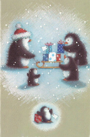 ミニカード クリスマス「ペンギンたちとプレゼントを乗せたソリ」メッセージカード