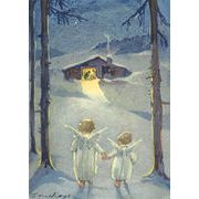 ポストカード クリスマス アート ケーガー「飼葉桶に向かう途中の二人の天使」郵便はがき