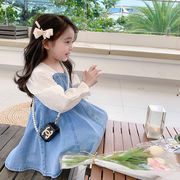 キッズデニムワンピース　バルーン袖　　韓国風子供服　女の子春秋物　100-140cm