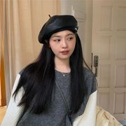 ベレー帽　PUレザー　帽子　レディース　韓国ファッション