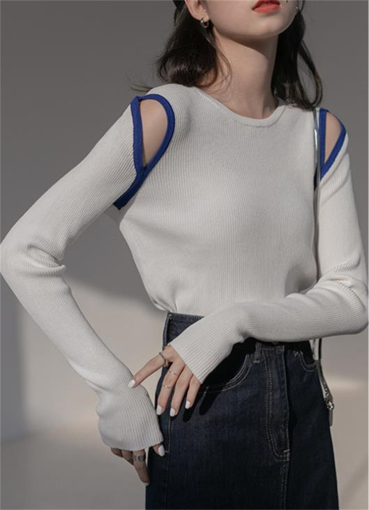 大好評につSALE延長 韓国ファッション コントラストカラー オフショルダー  ニットトップス スリム