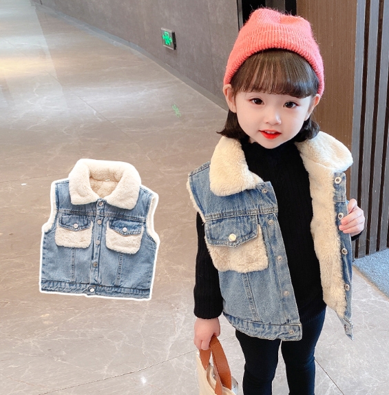 韓国子供服 デニムジャケット  もふもふトップス コート厚手 ベスト  裹起毛 女の子アウター  キッズ服