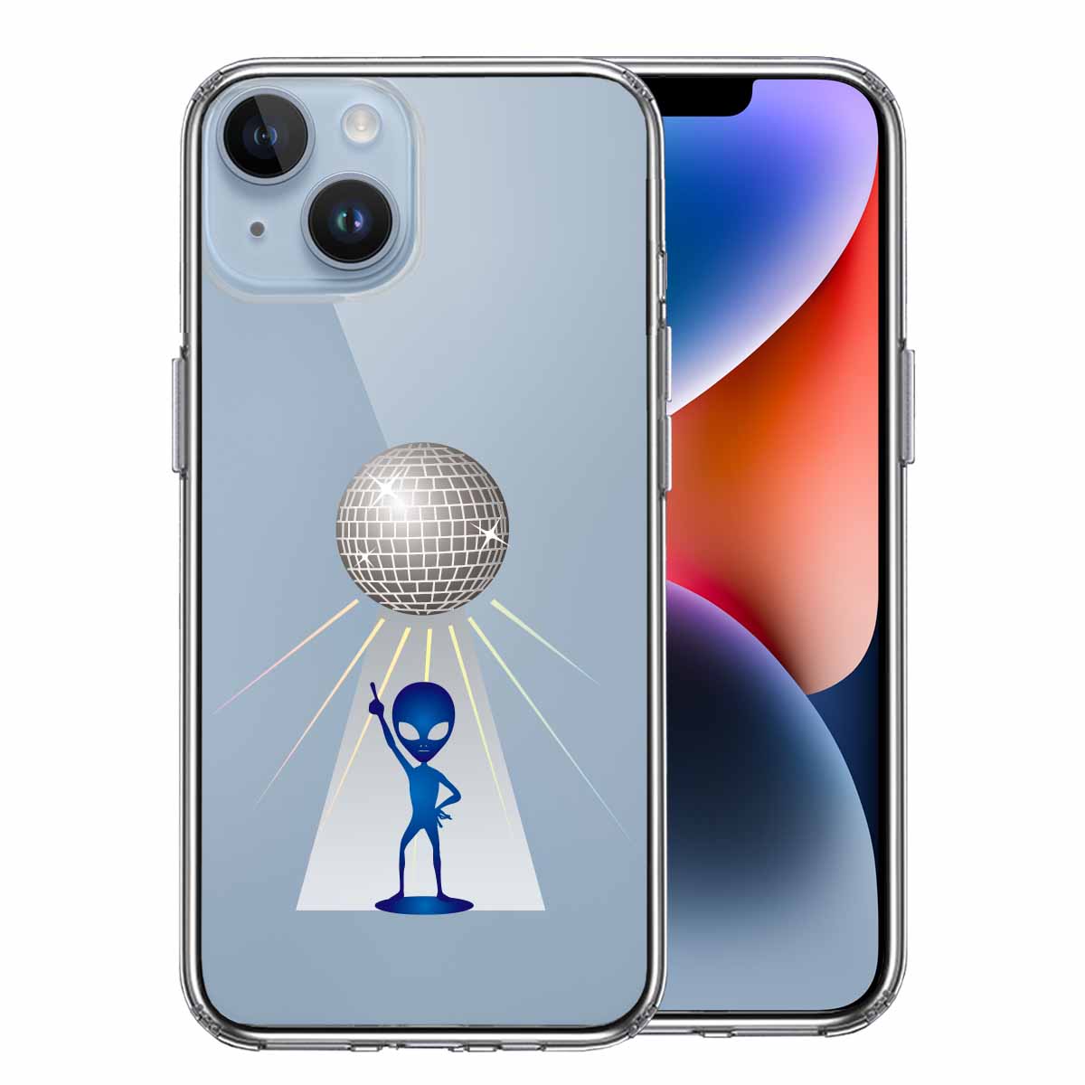 iPhone14 側面ソフト 背面ハード ハイブリッド クリア ケース 宇宙人 ダンシング ミラーボール
