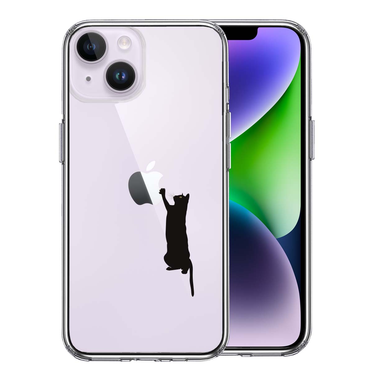 iPhone 14 Plus 側面ソフト 背面ハード ハイブリッド クリア ケース 猫 にゃんこ 玉遊び ブラック