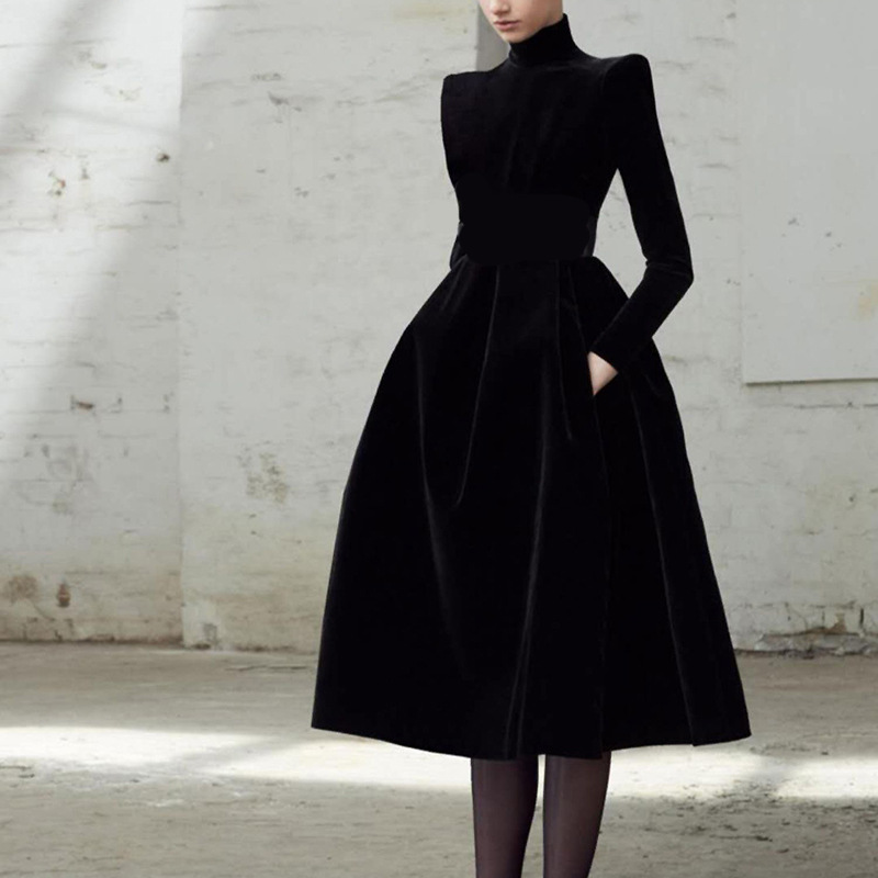 初回送料無料秋冬の雰囲気ウエストワンピース着やせ上品レディースファション服ドレス黒ワンピース
