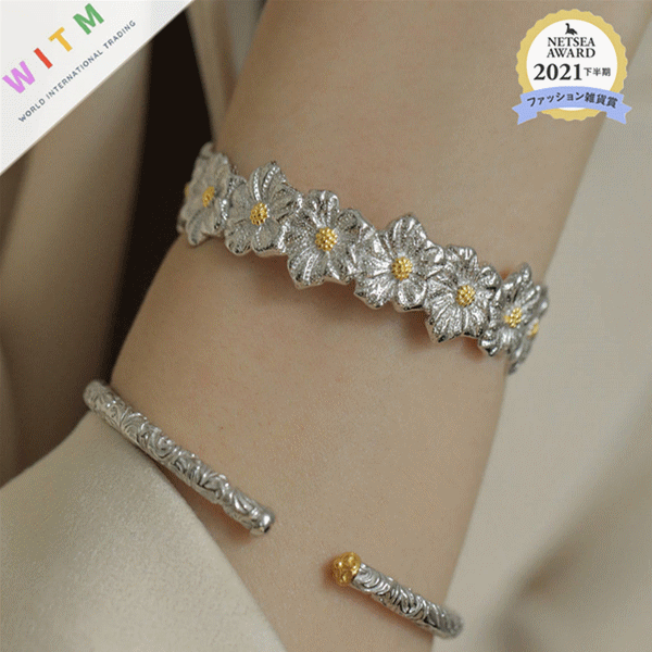 シルバー 装飾的な花模様 ブレスレットバンド 花 ブレスレット 腕飾り バングル 調節可能 アクセサリー 上品