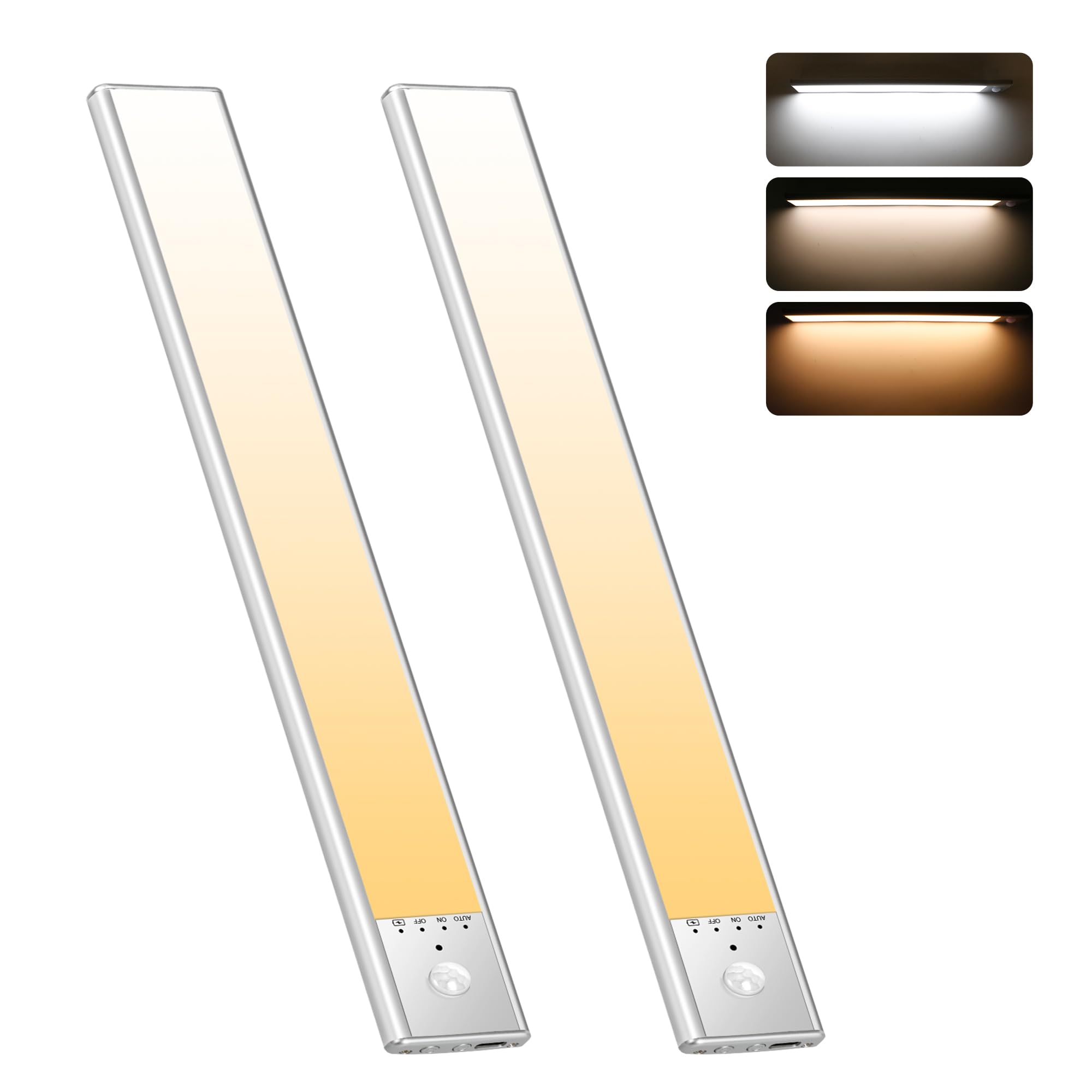 人感センサーライト 室内 USB充電式 3色調整可能 超薄型 led バーライト 20cm 2 本入り マグネット付