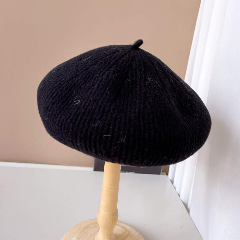 渋いストライプベレー帽子供の秋冬保温画家帽ウールニットキノコ帽スチュワーデス帽