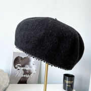 デザインドリルチェーンエッジベレー帽子供の秋冬保温の羊毛画家帽無地万能型スチュワーデ