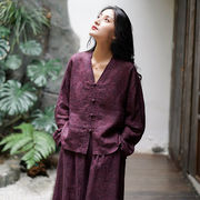 綿麻婦人服2023春新作レトロコート女性台湾風バックルシャツ気質ラミー麻上着