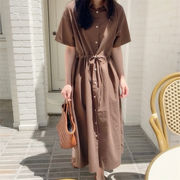 韓国シンプル綿麻ワンピース2023春夏新サイズゆったり半袖シャツ風ワンピース女