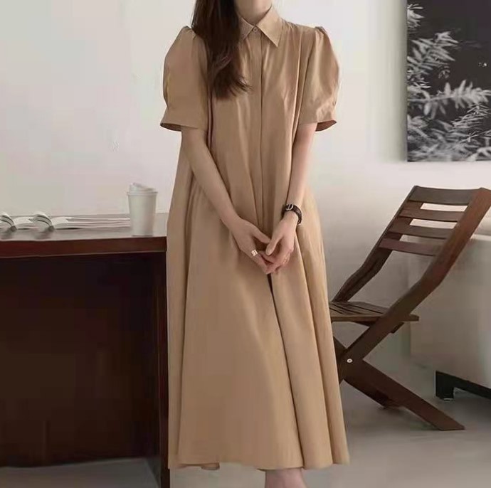 韓国作フレンチポロネックバブリースリーブスカートシャツ風ゆったり半袖ワンピース