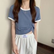 ラウンドネック半袖Tシャツ女性2023年新作サマータイツ韓国ショート学生上着ブーム
