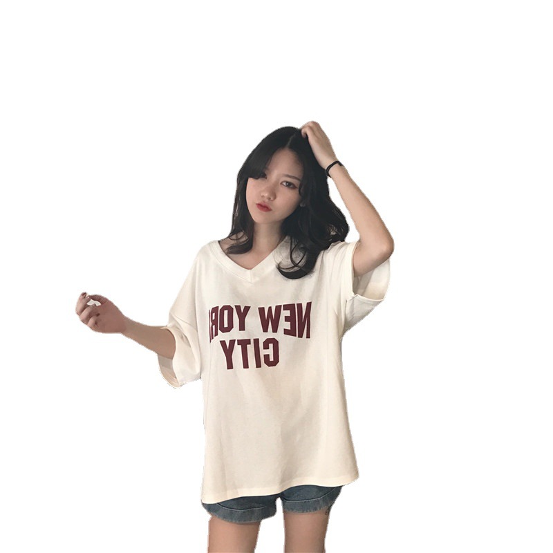 夏の半袖ブラウス2023アルファベットプリントゆったり女子学生v襟Tシャツ