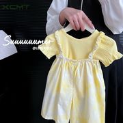 ins夏人気  韓国風子供服  ベビー服  半袖 トップス  ニット  Tシャツ+サロペット   2点セット