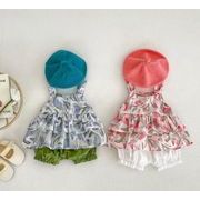 夏  韓国風子供服     トップス+ショートパンツ セットアップ  女の子 キッズ  ベビー服   花柄2色