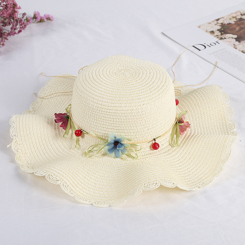 韓国キャペリン花輪太陽帽子甘い麦わら帽子森ガール編み花のサンバイザー写真帽子女