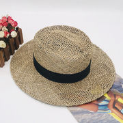 夏の男女帽子フラットトップ麦わら帽子おすすめ塩漬けロープ透かワイドつば付き麦わら帽子