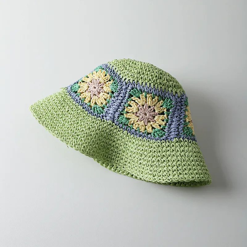手作り藁編みバケットハット女夏の透かし彫り花の麦わら帽子が顔を出す小さなバケツ帽ブーム