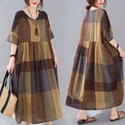 2023夏新作韓国大きいサイズキューブVネックロングスカート半袖綿麻トゆったりワンピース