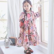 韓国子供服 女の子ワンピース ワンピースドレス マキシ丈ワンピース リボンレベル 長袖花柄