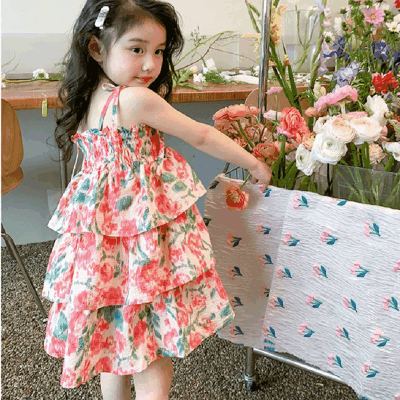 お勧め 春夏 韓国風子供服 ガール ボタニカル スリップドレス ワンピース ティアードスカート ワンピ 7-15