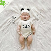 パンダ柄 ロンパース 帽子付き 2点セット ウンドネック 半袖 ベビーロンパース 通気性 赤ちゃん 66cm~90cm