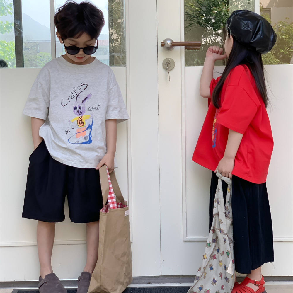 ★Girls＆Boys★　キッズペアコーデ　カートゥーン　ロングTシャツ　半袖　韓国子供服